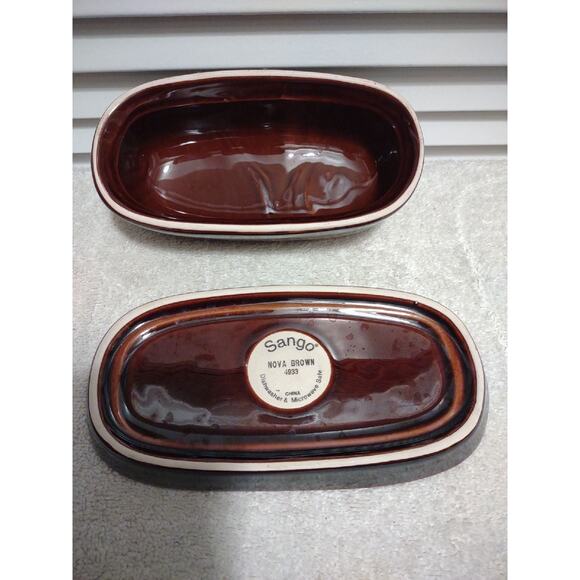 Sango Nova Brown dual tone tan stoneware covered butter dish plate with top - Picture 4 of 4